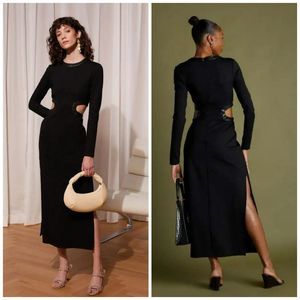 STAUD Dolce Long Sleeve Cut Out Midi Dress Black Size XS